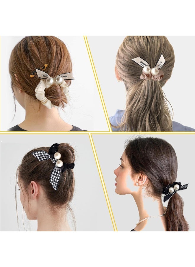 Pearl Hair Ties, 6Pcs Rabbit Bunny Ear Scrunchies, Fabric Rubber Band Bow Hair Ties, Pearl Bow Hair Scrunchies, for Women Bow Ponytail Holder Hair Accessories, for Girls(B#) - Image 5