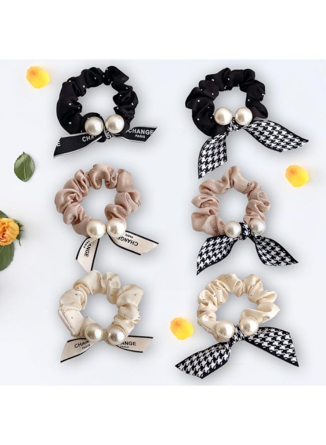 Pearl Hair Ties, 6Pcs Rabbit Bunny Ear Scrunchies, Fabric Rubber Band Bow Hair Ties, Pearl Bow Hair Scrunchies, for Women Bow Ponytail Holder Hair Accessories, for Girls(B#) - Image 2