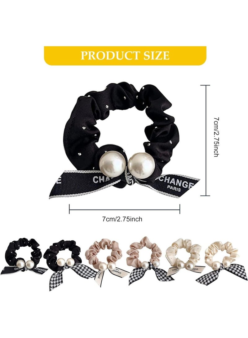 Pearl Hair Ties, 6Pcs Rabbit Bunny Ear Scrunchies, Fabric Rubber Band Bow Hair Ties, Pearl Bow Hair Scrunchies, for Women Bow Ponytail Holder Hair Accessories, for Girls(B#) - Image 3