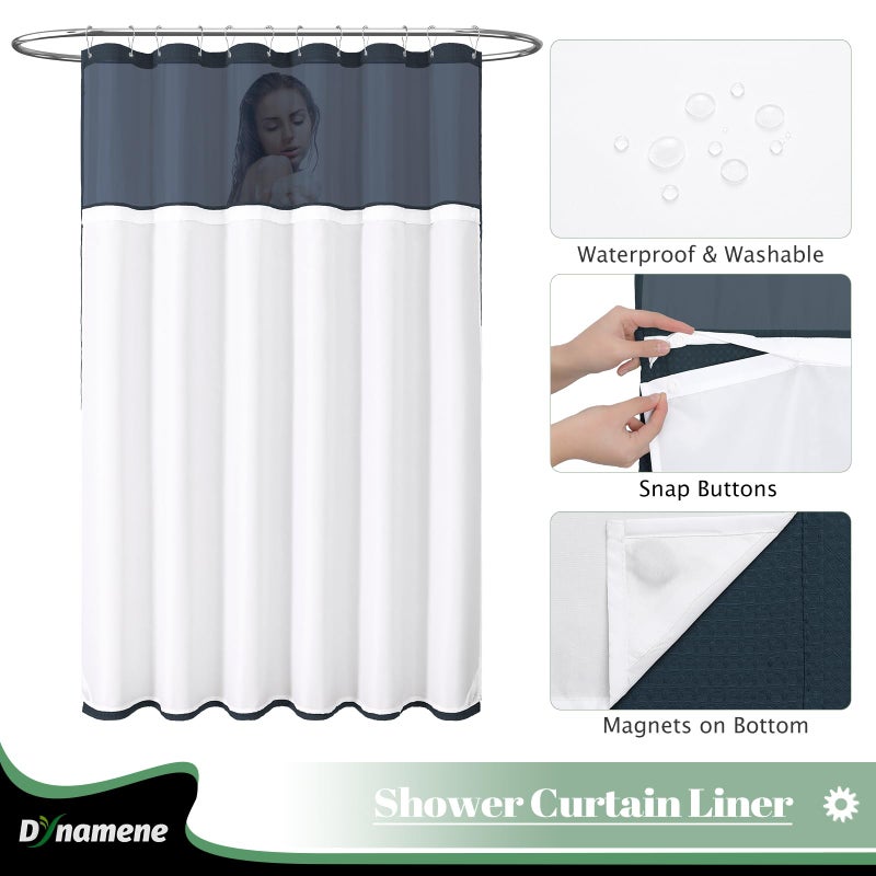 Dynamene Extra Long Shower Curtain  84 Inch Long Waffle Fabric Shower Curtain for Bathroom  Tall Waterproof Cloth Shower Curtain Liner Set with Hook  Snap in Liner  Mesh Top Window  Navy Blue  72x84 - Image 2