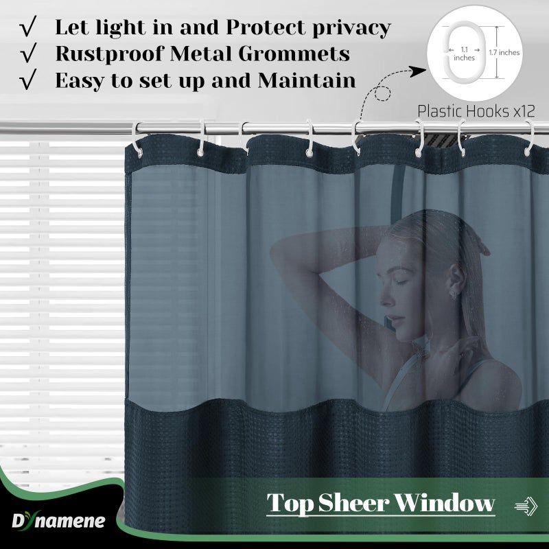 Dynamene Extra Long Shower Curtain  84 Inch Long Waffle Fabric Shower Curtain for Bathroom  Tall Waterproof Cloth Shower Curtain Liner Set with Hook  Snap in Liner  Mesh Top Window  Navy Blue  72x84 - Image 3