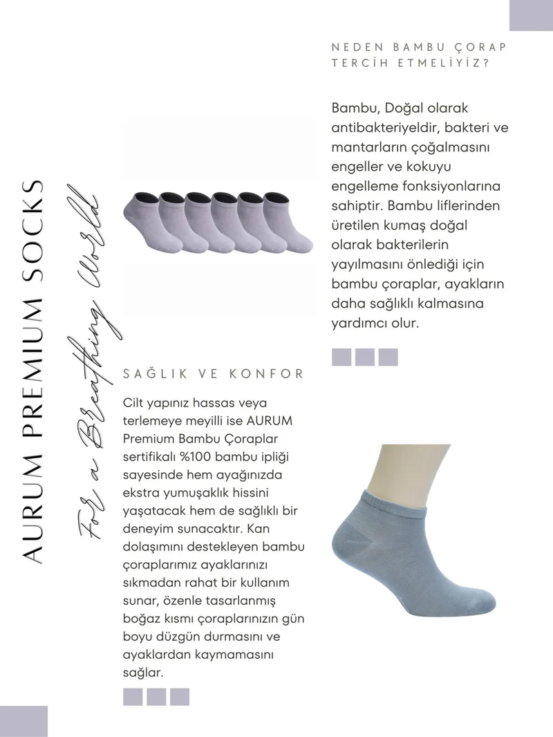 aurumé Men's 6-Piece Premium Bamboo Booties Socks Seamless - Gray