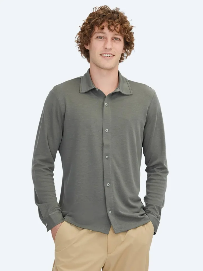 Kip Khaki Plain Regular Fit Knitting Casual Shirt