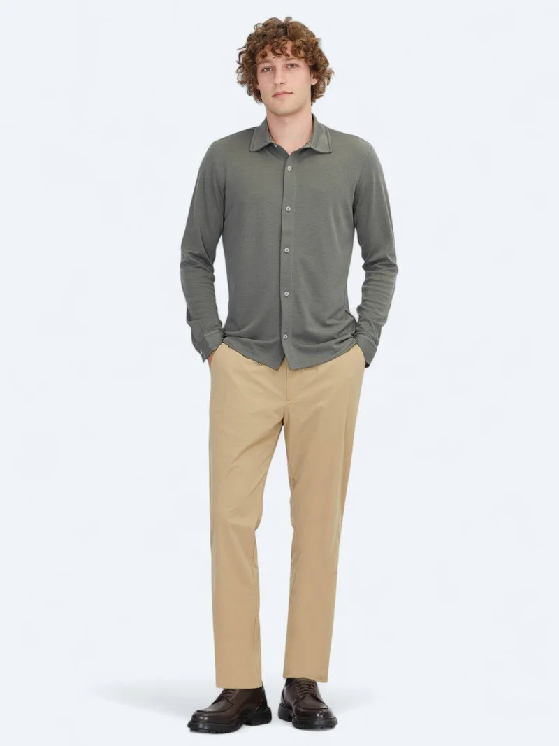 Kip Khaki Plain Regular Fit Long Knitting Casual Shirt