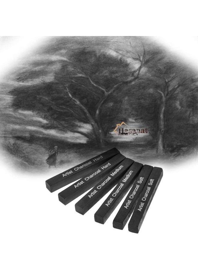 HASANAT ESSENTIALS Essentials 6 PCS Compressed Charcoal Sticks â€“ Assorted Hardness (Soft, Medium, Hard) â€“ Woodless Jumbo Black Charcoal Pencils for Sketching, Drawing & Shading - Image 2