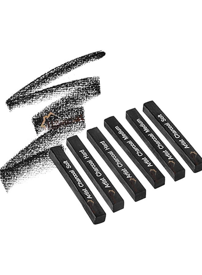 HASANAT ESSENTIALS Essentials 6 PCS Compressed Charcoal Sticks â€“ Assorted Hardness (Soft, Medium, Hard) â€“ Woodless Jumbo Black Charcoal Pencils for Sketching, Drawing & Shading - Image 1