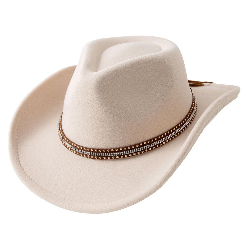 JOYEBUY Western Classic Cowboys Hat for Kids Girls Boy Glitter Buckle Short Wide Brim Cowgirls Hat (US, Age, 6 Years, 12 Years, Beige) - Image 3