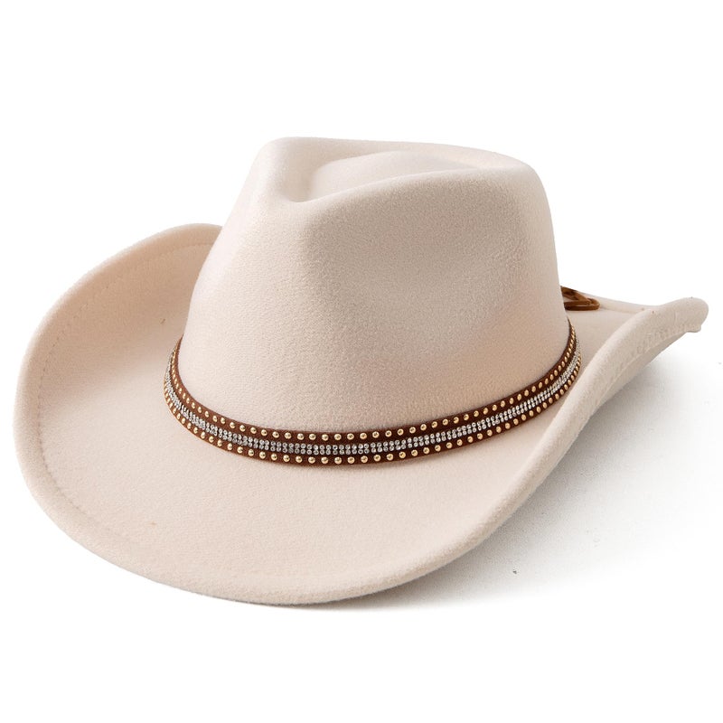 JOYEBUY Western Classic Cowboys Hat for Kids Girls Boy Glitter Buckle Short Wide Brim Cowgirls Hat (US, Age, 6 Years, 12 Years, Beige) - Image 1
