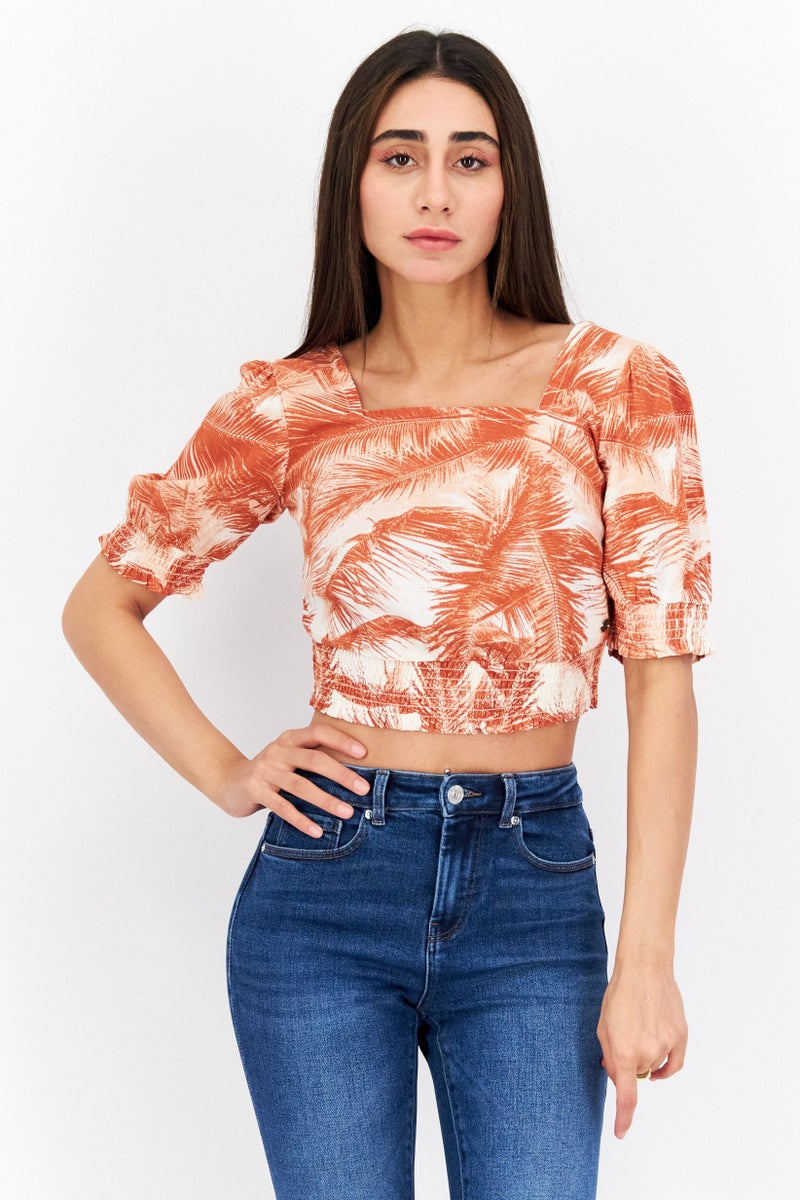 Roxy Women Square Neck Short Sleeves Printed Crop Top, Brown - Image 1