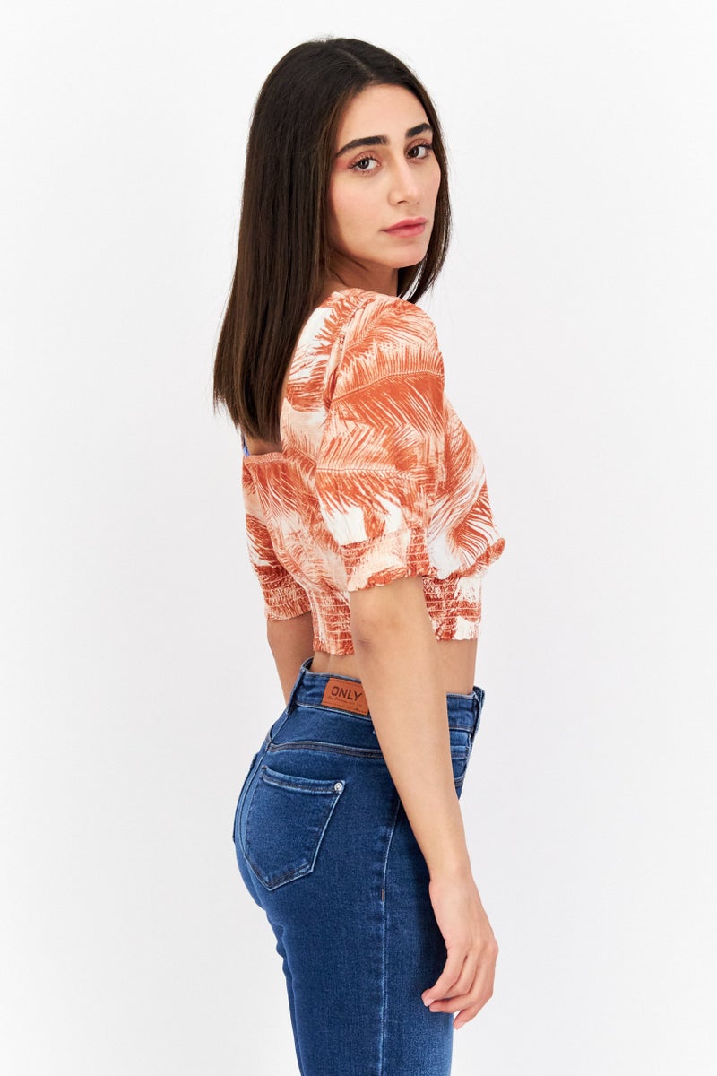 Roxy Women Square Neck Short Sleeves Printed Crop Top, Brown - Image 2