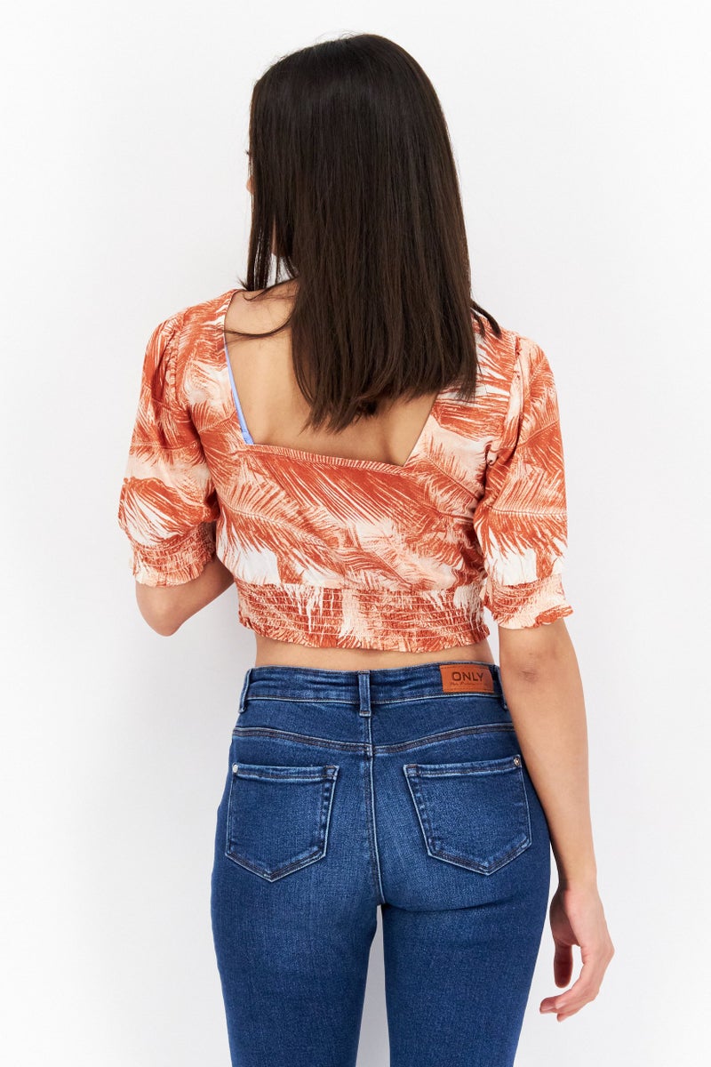 Roxy Women Square Neck Short Sleeves Printed Crop Top, Brown - Image 4