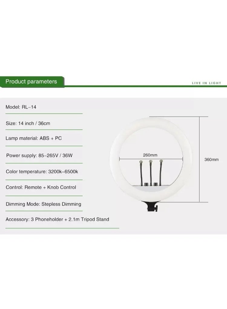 حلقة إضاءة LED كبيرة قابلة للتعتيم مقاس 14 بوصة مع حامل حائط وجهاز تحكم عن بعد وحقيبة حمل - مثالية للمكياج والصور الشخصية والبث المباشر وتسجيل الفيديو - Image 2
