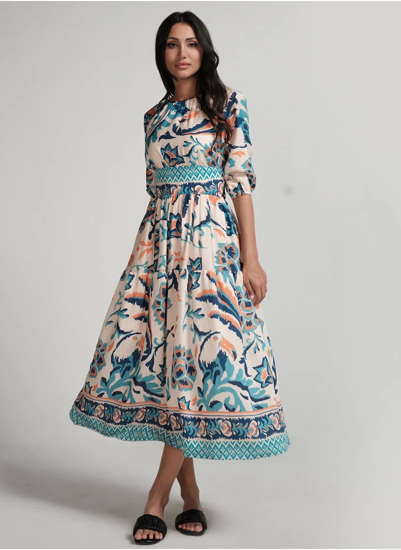 Zigzag Back Tie Puffed Sleeve Dress