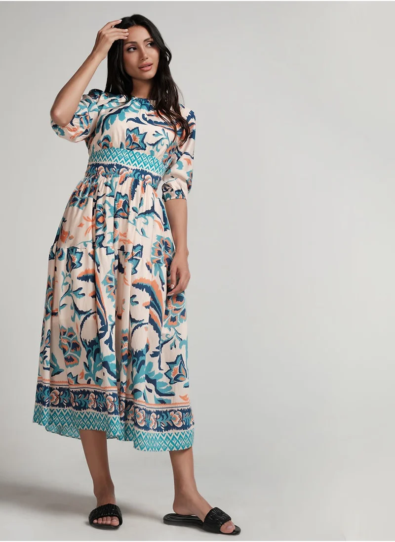 Zigzag Back Tie Puffed Sleeve Dress