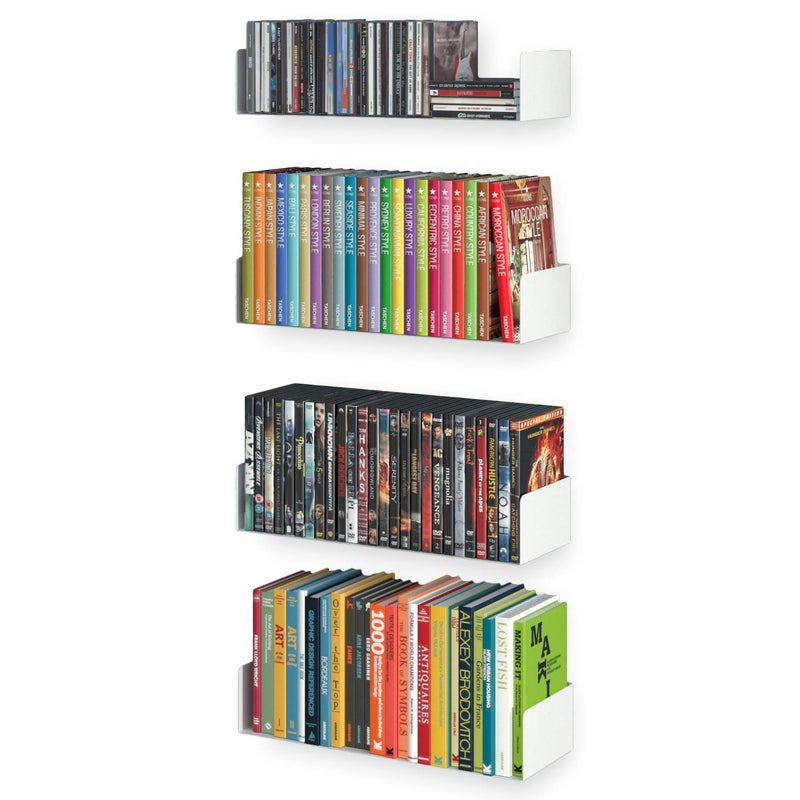 رف كتب و تخزين أقراص DVD و CD من والنيتشر بالي أبيض مجموعة من 4 رفوف كتب معدنية عائمة للجدار