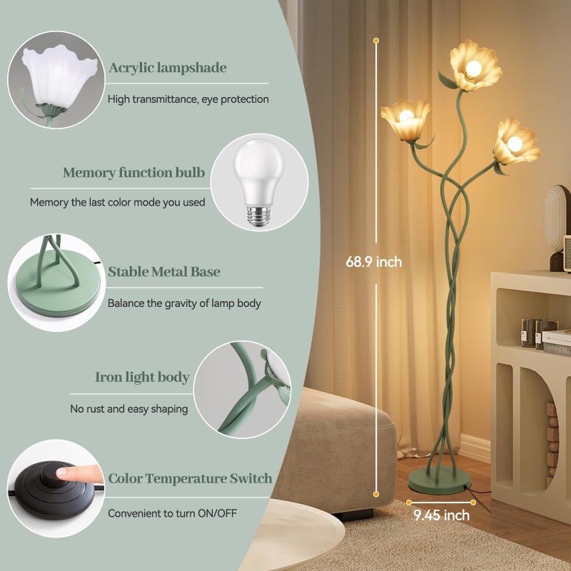 Elaruslux Vintage 3 Heads Flower Floor Lamp with Adjustable Gooseneck Corner Standing Tall Floor Lamp 3 Color Modes for Living Room Bedroom Reading Decoration Vine Floral Lamp with Lily of The Valley - Image 5
