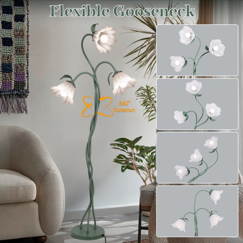 Elaruslux Vintage 3 Heads Flower Floor Lamp with Adjustable Gooseneck Corner Standing Tall Floor Lamp 3 Color Modes for Living Room Bedroom Reading Decoration Vine Floral Lamp with Lily of The Valley - Image 4