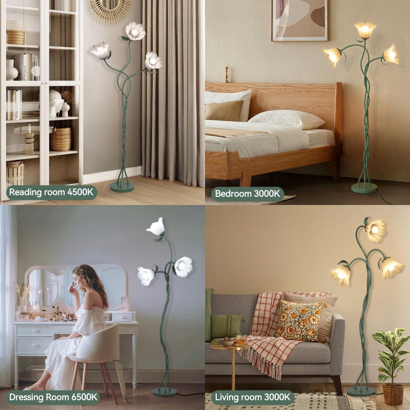 Elaruslux Vintage 3 Heads Flower Floor Lamp with Adjustable Gooseneck Corner Standing Tall Floor Lamp 3 Color Modes for Living Room Bedroom Reading Decoration Vine Floral Lamp with Lily of The Valley - Image 3