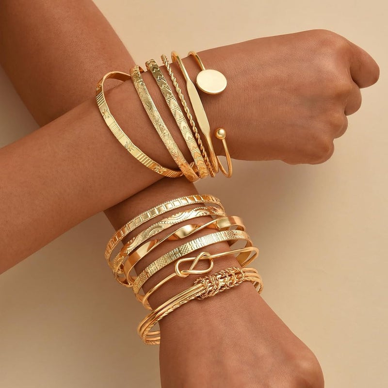 HaveLovely 14K Gold Plated Stackable Bangle Bracelets for Women, 12PCS Indian Style Multi Layer Textured Chunky Bangles Set, Boho Gold Jewelry for Daily Wear Party Traditional Cultural Outfits - Image 3