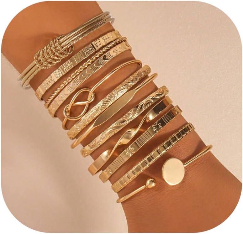 HaveLovely 14K Gold Plated Stackable Bangle Bracelets for Women, 12PCS Indian Style Multi Layer Textured Chunky Bangles Set, Boho Gold Jewelry for Daily Wear Party Traditional Cultural Outfits - Image 1