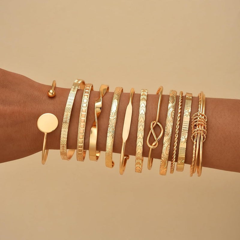 HaveLovely 14K Gold Plated Stackable Bangle Bracelets for Women, 12PCS Indian Style Multi Layer Textured Chunky Bangles Set, Boho Gold Jewelry for Daily Wear Party Traditional Cultural Outfits - Image 5