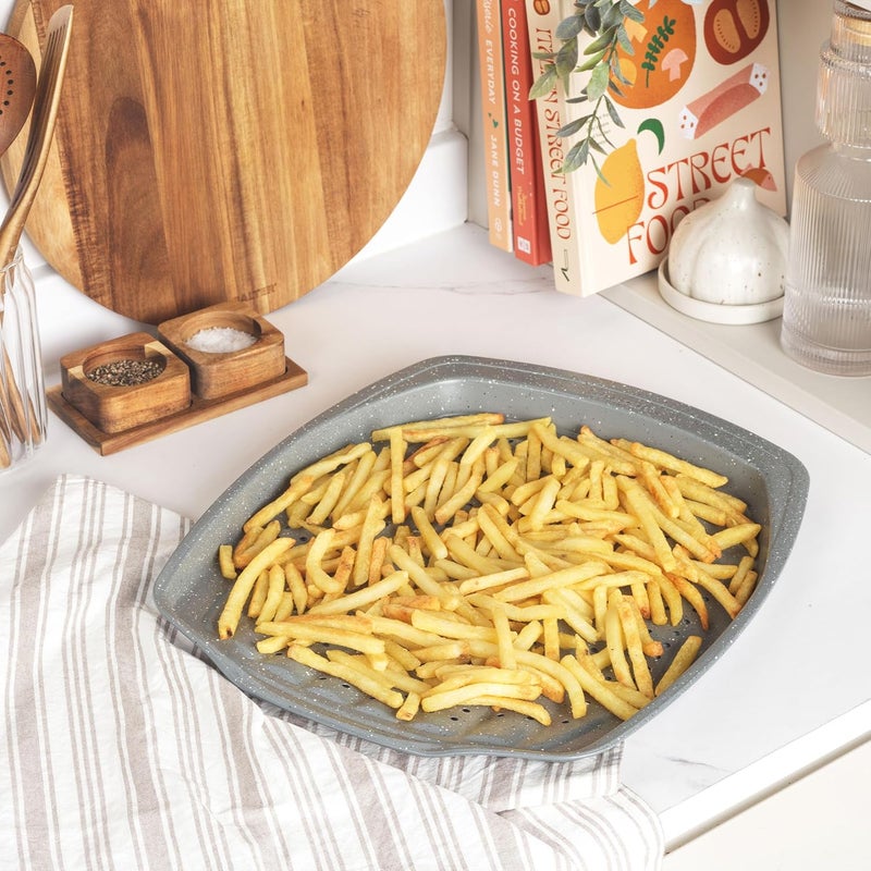 Salter BW08473G Marblestone 38cm Oven Tray - Non-Stick Baking, Crisper & Chip Tray, Holes for Even Cooking, Carbon Steel, Oven Safe Up to 220 Degrees, Strong/Durable, Wedges, Vegetables, Pizza Tray - Image 2
