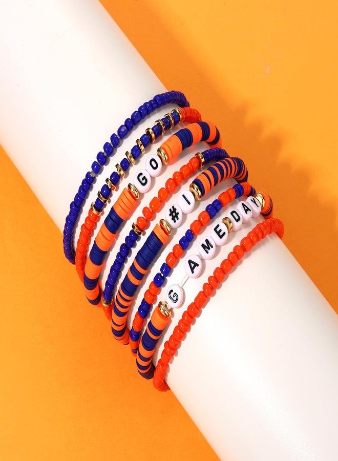CEALXHENY Game Day Bracelets for Women Red Blue Spirit Day Accessories Stackbale Clay Heishi Bracelets Beaded Stretch Bracelet Football Mom Accessories Outfits Jewelry Gifts (Orange Navy 1) - Image 2