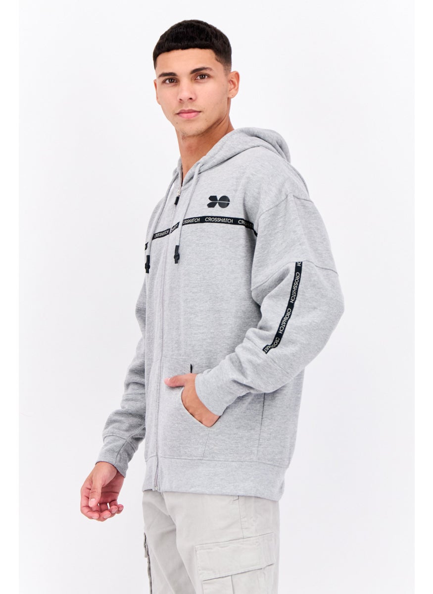 CROSSHATCH - Men Full Zipper Long Sleeve Brand Logo Sweatshirt, Grey - Image 1