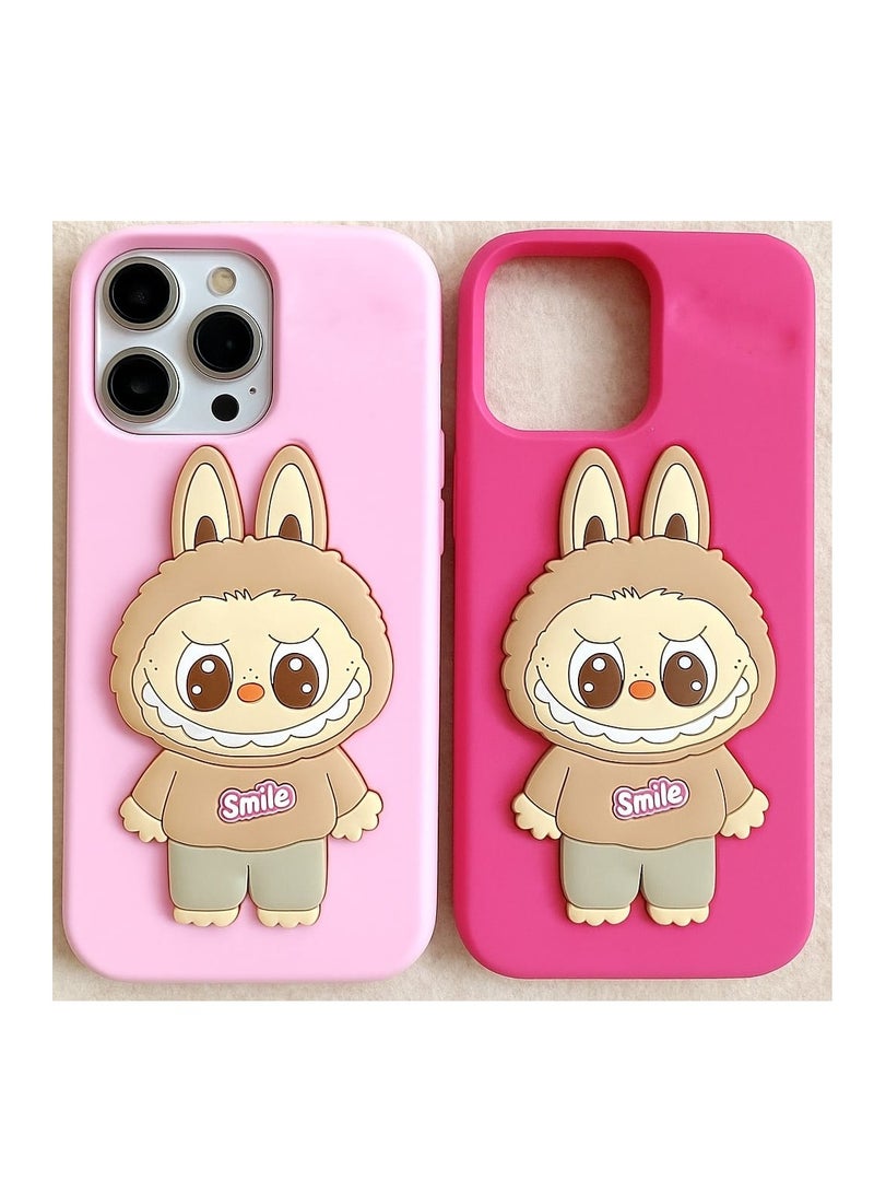 كايس كلوب غطاء سيليكون ناعم بتصميم أرنب لابوبو ثلاثي الأبعاد لطيف، قطعتين، لهاتف آيفون 16 برو - سلسلة ابتسامة كرتونية (وردي فاتح/وردي فاقع) - Image 1