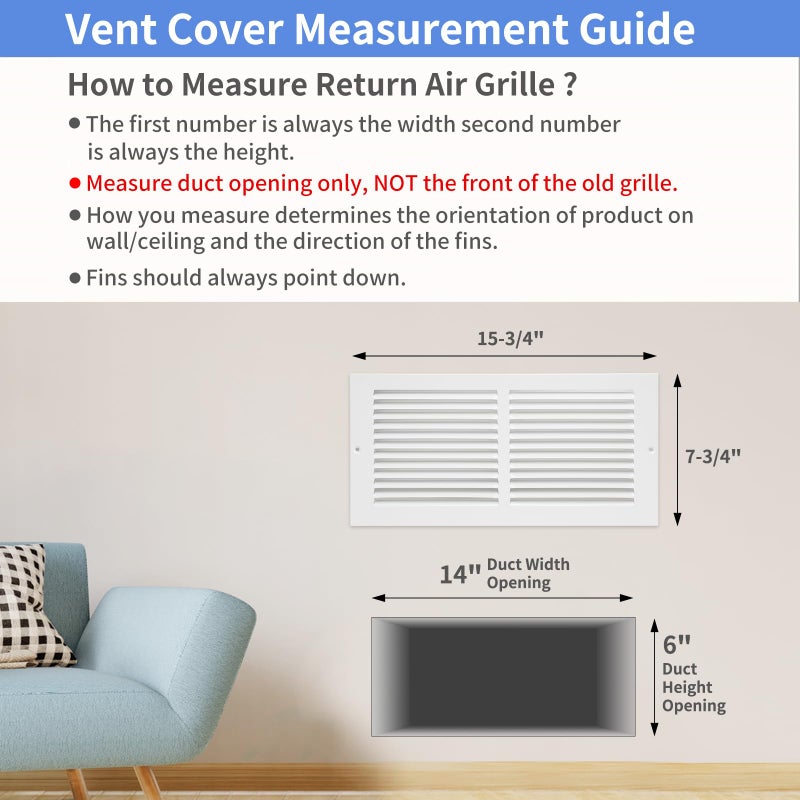 Howeall 14"W x 6"H [Duct Opening Size] Steel Return Air Grille, Air Return Vent Cover for Ceiling and Sidewall - HVAC Air Vent Covers - [Outer Dimensions: 15.75"W x 7.75"H] - Image 5