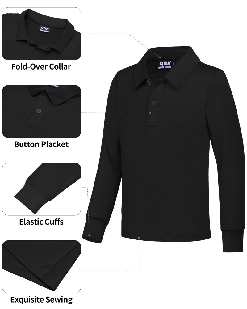 QBK Boys' Performance Polo Kids Collared Golf Shirts Long Sleeve School Uniform for 4T-16Y(Black XS) - Image 4