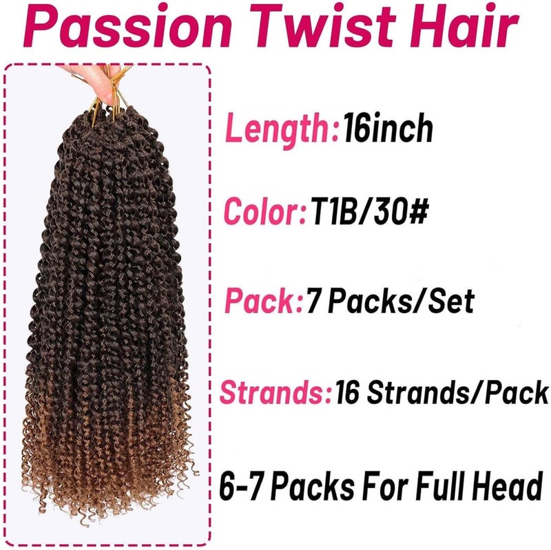 Dorsanee Ombre Brown Passion Twist Hair 16 Inch 7 Packs Water Wave Crochet Hair Long Bohemian Curly Braiding Hair for Butterfly Locs, Faux Locs, Boho Style Spring Twist Crochet Braids (T30#) - Image 4