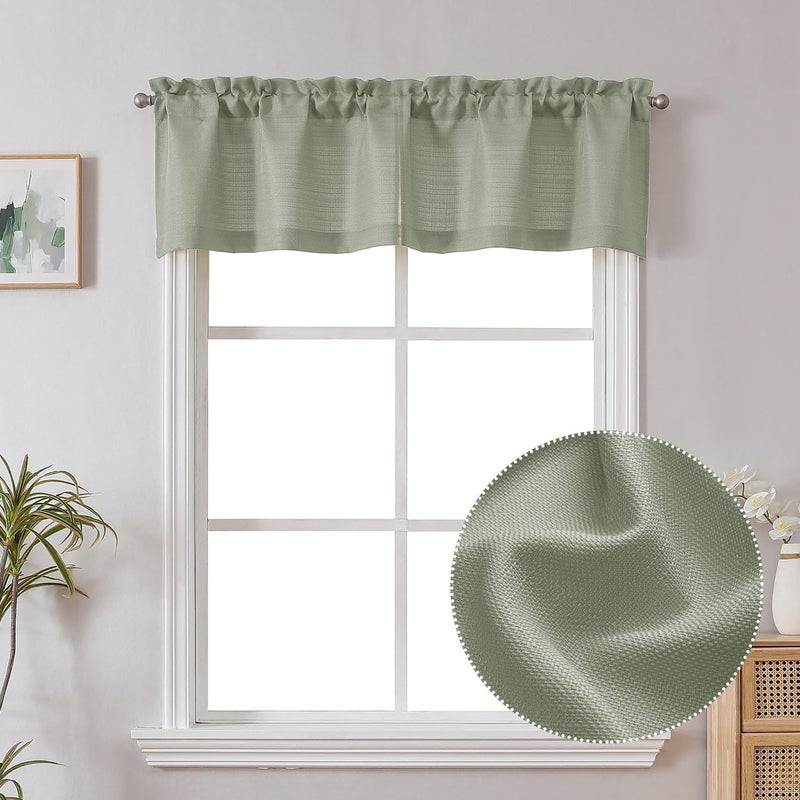 Chyhomenyc Bennett Light Green Window Valance, Faux Linen Slub Textured Semi Sheer Small Kitchen Cafe Valance, 30Wx14L, 2 Piece - Image 1