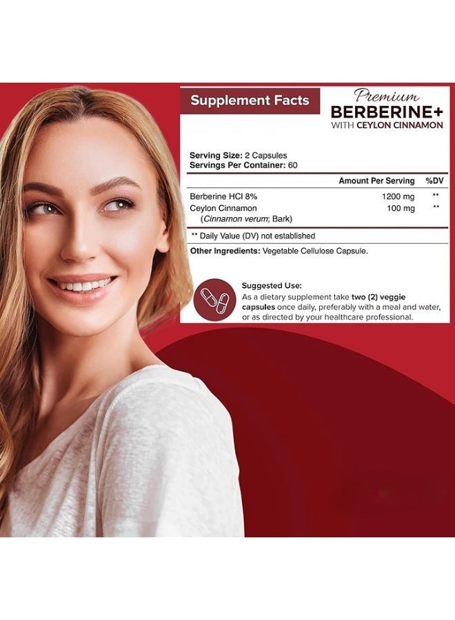 Premium Berberine HCL 1200mg, 120 Capsules - Plus Pure True Ceylon Cinnamon, Berberine HCI Root Supplements Pills - Immune System - yields an Optimal 8% HCl - Image 2
