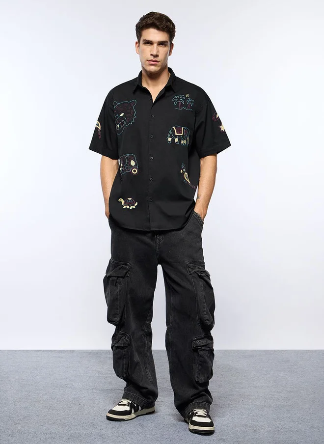 The Souled Store  The Souled Store Men Tropic Tails Printed Black Oversized Shirt  | Best Price UAE