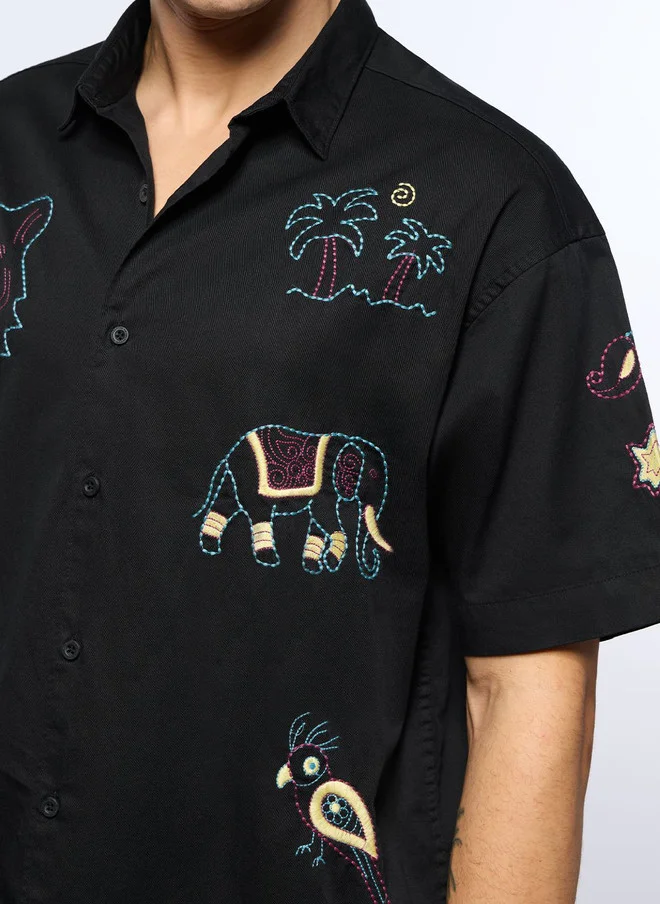 The Souled Store  The Souled Store Men Tropic Tails Printed Black Oversized Shirt  | Best Price UAE
