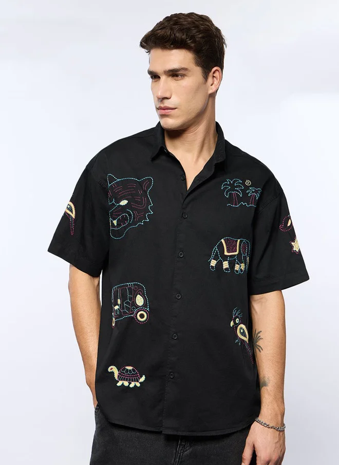 The Souled Store Men Tropic Tails Printed Black Oversized Shirt