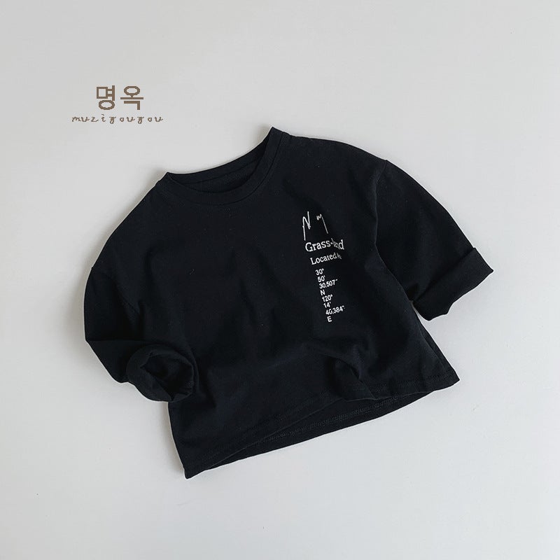 Children'S All-Match Black And White Long-Sleeved T-Shirt Autumn New Men'S And Women'S Baby Letters Printed Casual Top Huzhou Zhili - Image 1