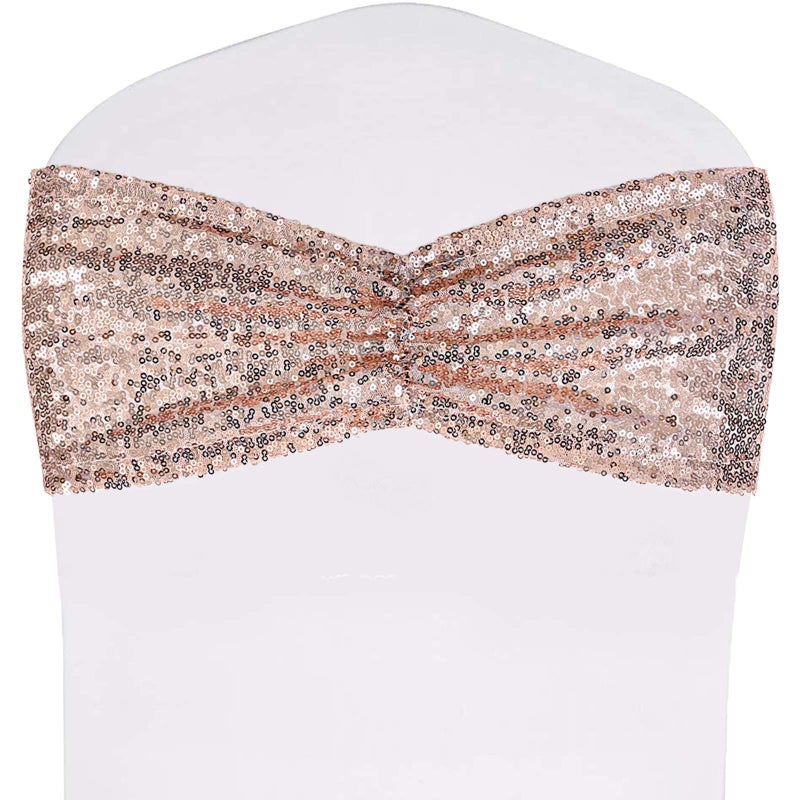 SquarePie Pack of 50 Sequin Chair Sashes Rose Gold Glitter Bows Bands for Wedding Banquet Party Decor