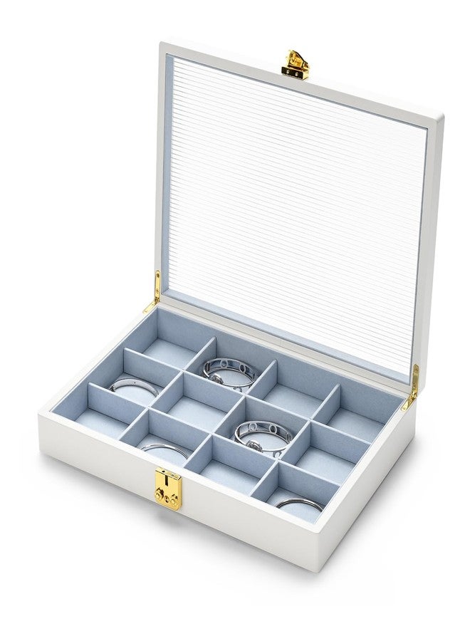 Oirlv White 12 Gird Luxury Leather Jewelry Organizer Tray with Clear Lid Lockable Jewelry Box Bangle Holder Box for Women (Blue Interior) 12 Grid - Image 1