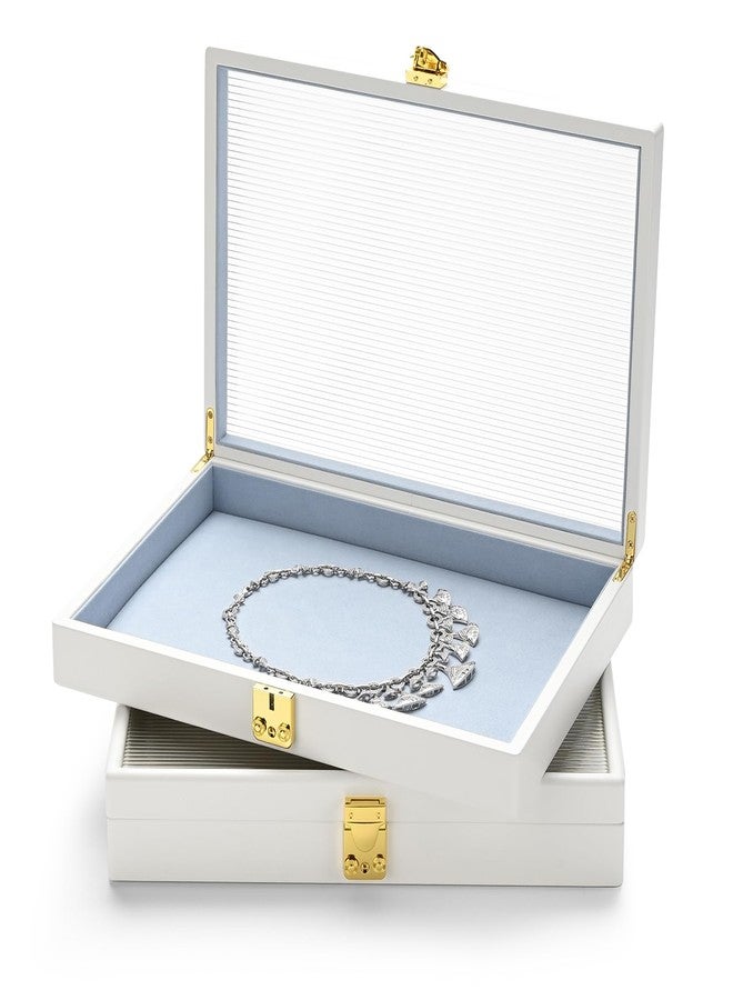 Oirlv White 12 Gird Luxury Leather Jewelry Organizer Tray with Clear Lid Lockable Jewelry Box Bangle Holder Box for Women (Blue Interior) 12 Grid - Image 4