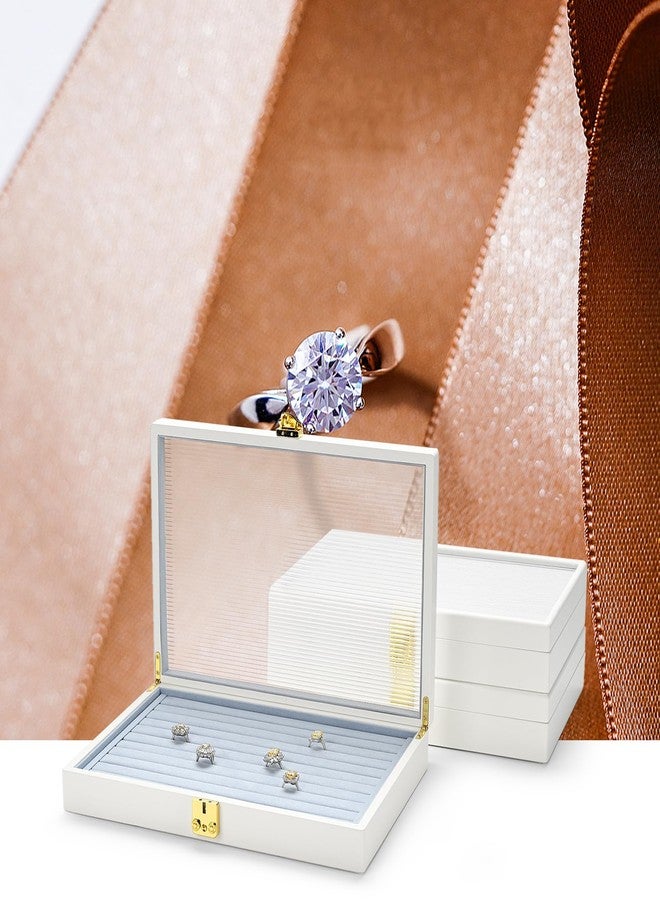 Oirlv White 12 Gird Luxury Leather Jewelry Organizer Tray with Clear Lid Lockable Jewelry Box Bangle Holder Box for Women (Blue Interior) 12 Grid - Image 2
