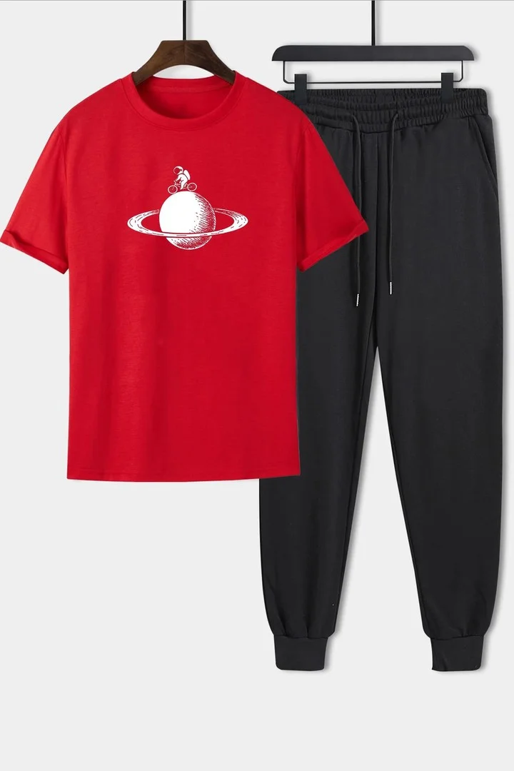 ONLYTRENDWEAR Unisex Astronaut Rides Printed 2-Piece Tracksuit Set S.m. Red