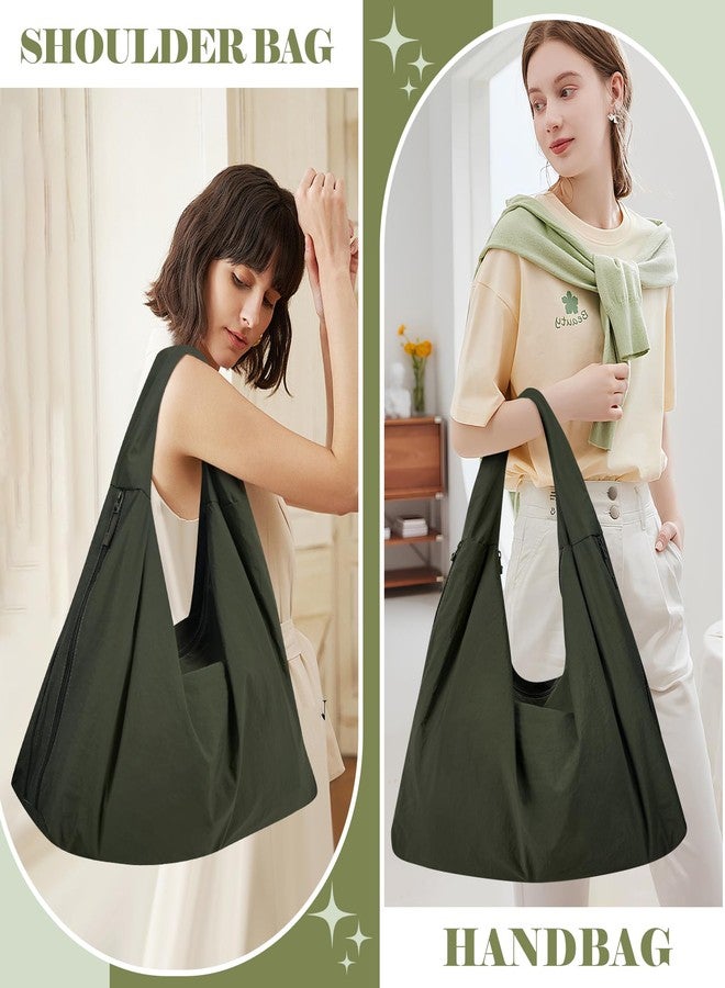 Extolove Slouchy Tote Bag Multipockets Nylon Purse Large Hobo Bags for Women Solid Color Crescent Handbag (Green) - Image 2