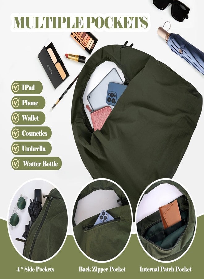 Extolove Slouchy Tote Bag Multipockets Nylon Purse Large Hobo Bags for Women Solid Color Crescent Handbag (Green) - Image 5