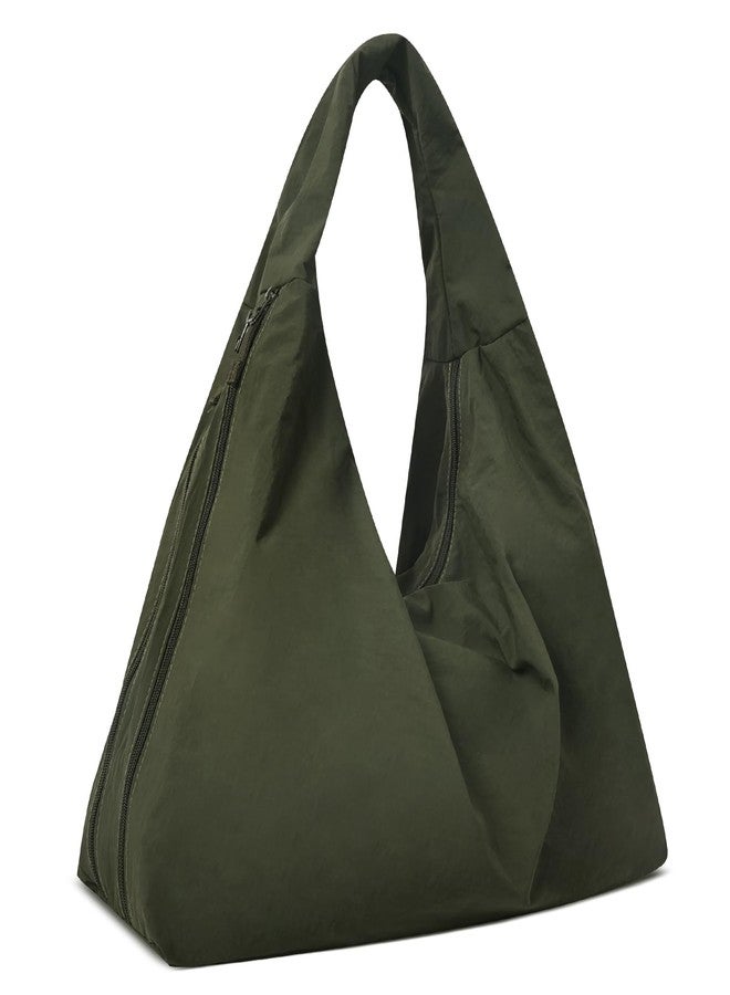 Extolove Slouchy Tote Bag Multipockets Nylon Purse Large Hobo Bags for Women Solid Color Crescent Handbag (Green) - Image 1