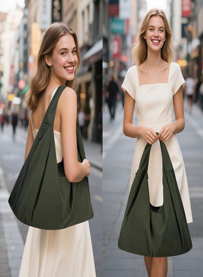 Extolove Slouchy Tote Bag Multipockets Nylon Purse Large Hobo Bags for Women Solid Color Crescent Handbag (Green) - Image 3
