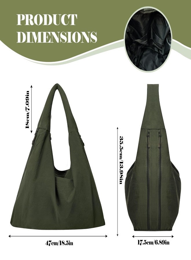 Extolove Slouchy Tote Bag Multipockets Nylon Purse Large Hobo Bags for Women Solid Color Crescent Handbag (Green) - Image 4