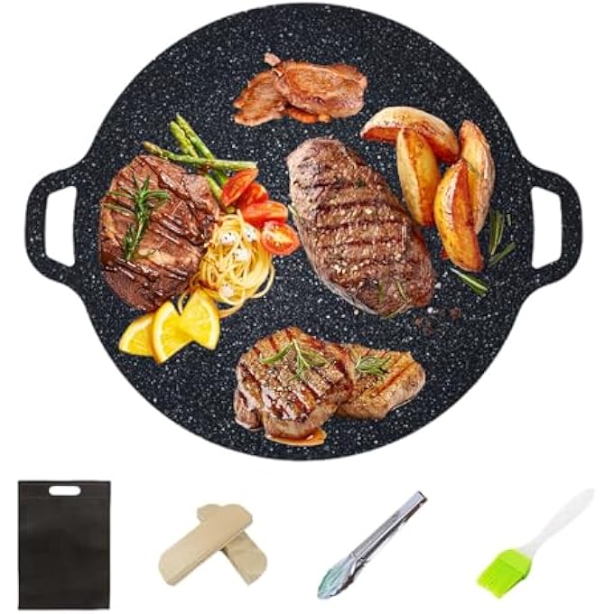 فاو دو مقلاة شواء غير لاصقة من الألومنيوم على الطريقة الكورية مع مقبض خشبي وفرشاة زيت وملقط شواء وحقيبة تخزين للشواء على الموقد الداخلي والتخييم في الهواء الطلق 34 سم باللون الأسود - Image 2