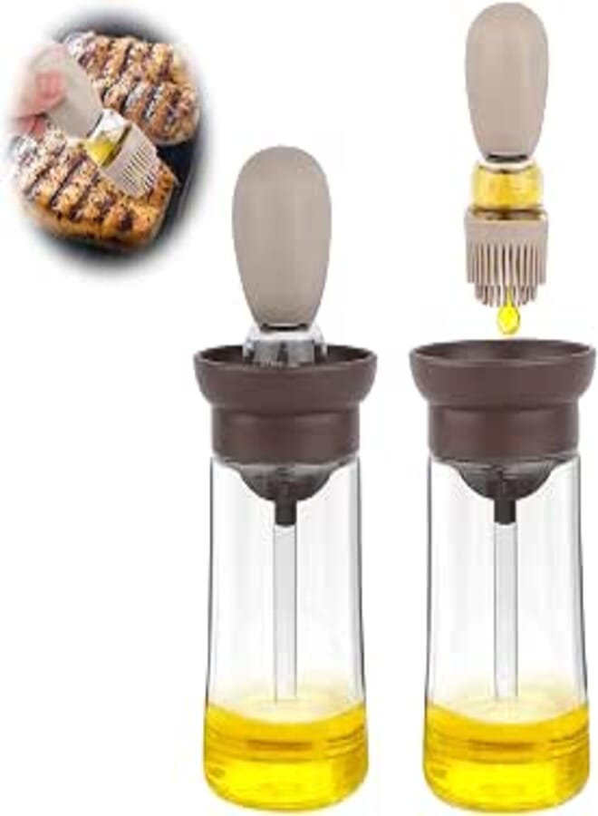 FARI Glass Olive Oil Dispenser Bottle with Silicone Brush 2 in 1 for Kitchen Cooking Frying Baking BBQ Pancake (1, Brown)